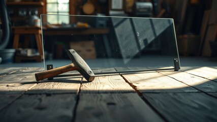 Sunlit Workshop  A Wooden-Handled Mallet Rests Beside a Clear Protective Panel on a Rustic Wooden Surface