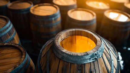 Fototapeta premium Wooden barrel filled with glowing amber liquid in a dimly lit distillery, surrounded by stacked barrels. Whiskey production, aging process, and artisanal craftsmanship concept.