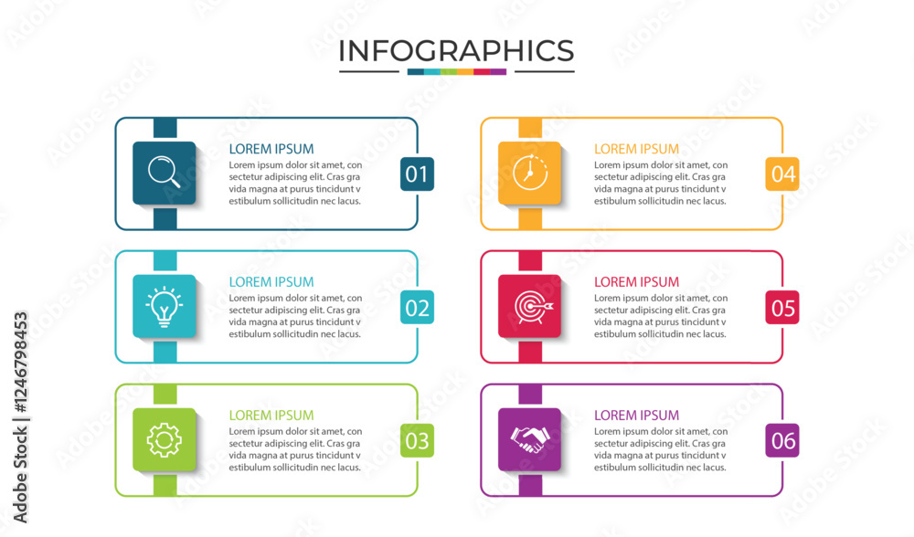 Poster vector infographic label design template with icons and 6 options or steps.