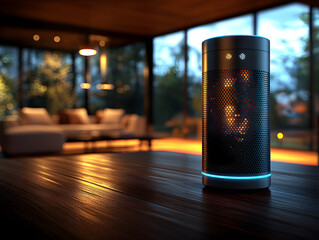 Smart Speaker Illuminating the Kitchen Countertop During the Evening in a Modern Home Setting