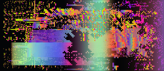Abstract glitchy background resembling a corrupted VHS tape with holographic light leaks and pixel noise. Vector design on technological theme.