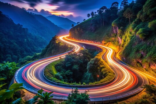Kelok 9 Winding Road Night Light Trails, West Sumatra, Indonesia - Minimalist Photography