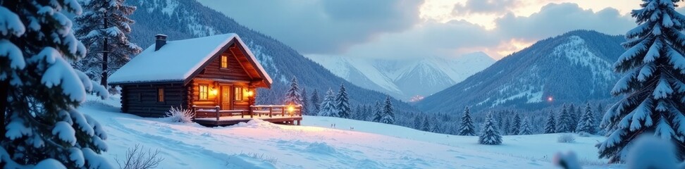 Fototapeta premium Snowy landscape with a winter cabin and a festive holiday scene, snowy, holiday