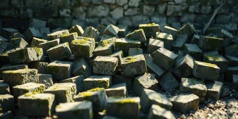 A pile of moss-covered stone blocks rests near a weathered stone wall in the sunlight.