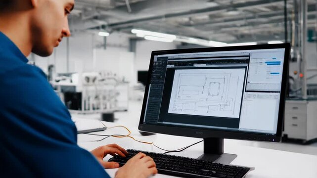 Engineer analyzing blueprint on computer screen in a modern engineering lab