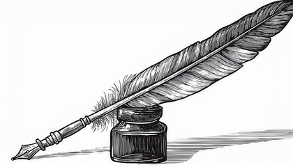 inkwell and feather quill dip pen hand drawn sketch  illustration in vintage engraving style