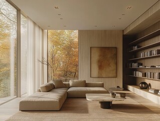 A living room with a couch, a coffee table, and a bookshelf