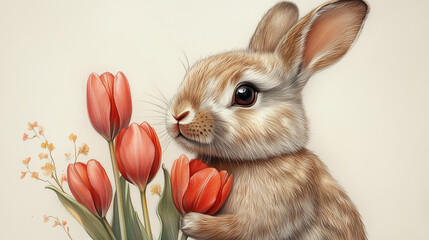 Cute drawing of a bunny holding tulip flowers