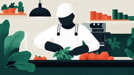 Chef Preparing Fresh Ingredients in Modern Kitchen with Vegetables and Herbs