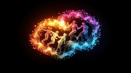 Fototapeta premium Group of people dancing in a circle under colorful lights at a social event or celebration