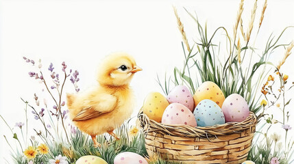 Watercolor cozy Easter scene with grass, wild flowers, and spring plants surrounding an Easter basket