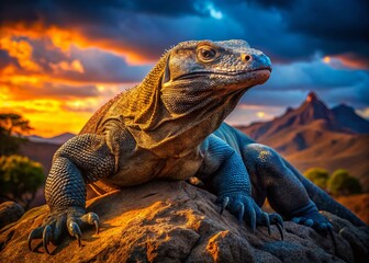 Fototapeta premium Komodo Dragon Sunbathing on Volcanic Rock - Low Light Wildlife Photography