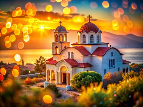 Koronisia Church, Ambracian Gulf, Greece:  Scenic Bokeh Photograph of Virgin Mary Church