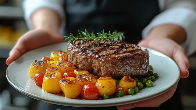 Chef presenting grilled steak with roasted vegetables