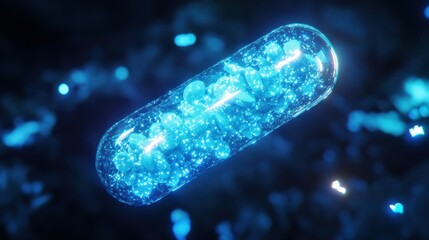A deep blue aquatic scene where a translucent pill bottle releases its contents into the weightless void.