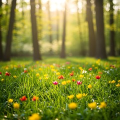 Fototapeta premium Sunlit Meadow: A Tapestry of Spring Blossoms in a Forest