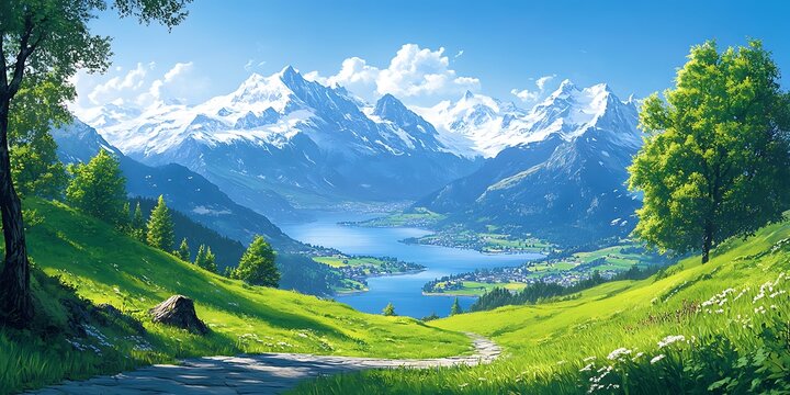 Anime Mountain Vista Lush Green Valley with a Lake and Snow-Capped Peaks Under a Bright Blue Sky in a Stylized Anime Landscape - Powered by Adobe