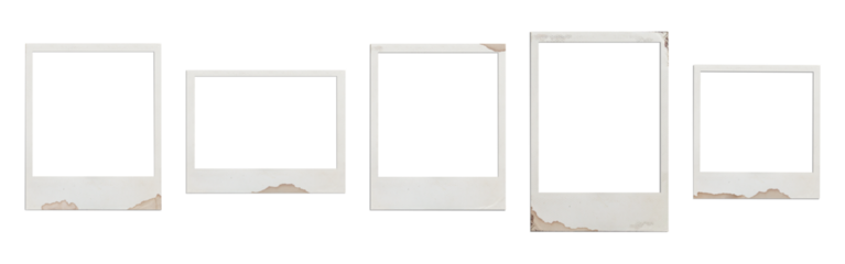 A set of various real polaroid empty frames, old, yellowed with dark corners, with coffee stains, in various sizes. Shadow. Isolated on a transparent background. PNG