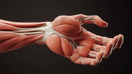 3D illustration of a human wrist with muscles and tendons Anatomy of the human body. 