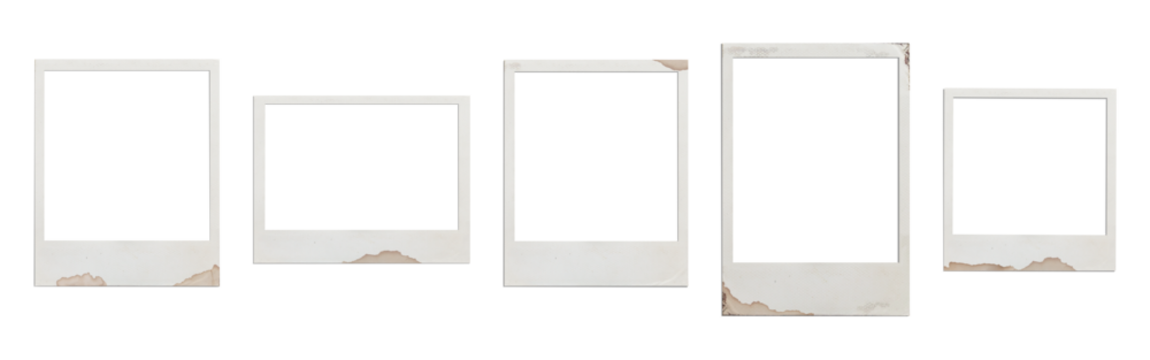 A set of various real polaroid empty frames, old, yellowed with dark corners, with coffee stains, in various sizes. Shadow. Isolated on a transparent background. PNG