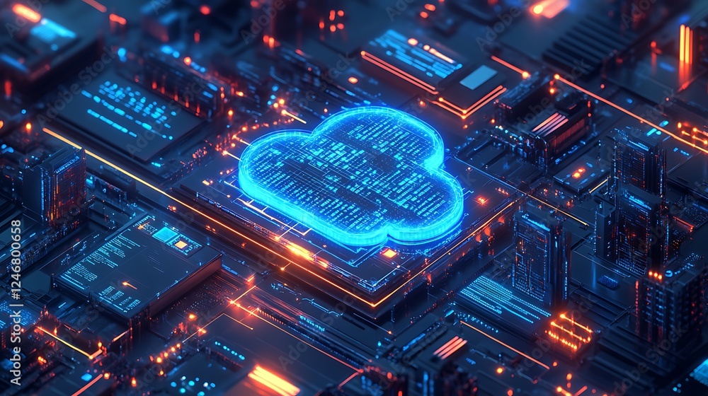 Poster a blue glowing cloud icon with data flowing connection background