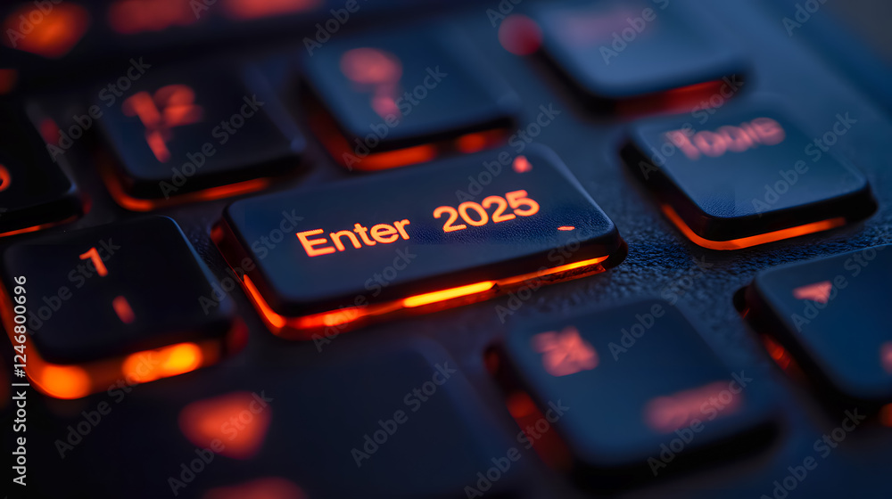 Poster close-up view of a computer keyboard with glowing enter key signifying the arrival of 2025 in a mode