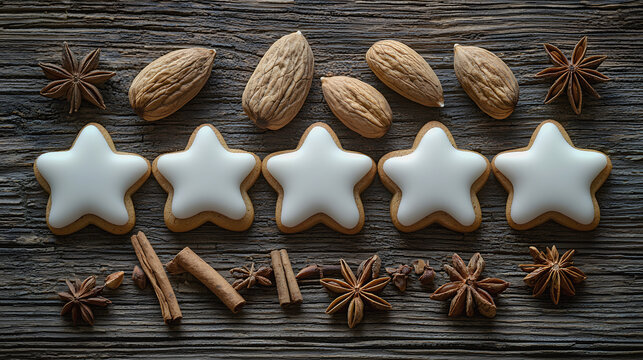 Star-Shaped Cookies with White Icing on Rustic Wooden Background - Powered by Adobe