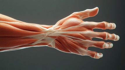3D illustration of a human wrist with muscles and tendons Anatomy of the human body. 
