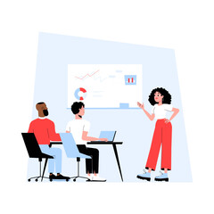 Businesswoman Presenting Analytics To Team In Flat Vector Illustration Symbolizing Corporate Strategy, Data Analysis, And Professional Development, Isolated On White Background