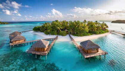 Obraz premium Tropical paradise retreat with overwater bungalows and vibrant blue waters