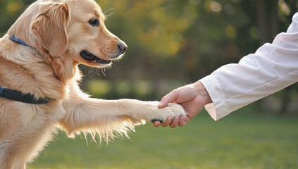 The well-groomed dog gives paw to its owner. Nature, blurred background.