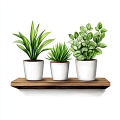 Fototapeta premium Three Modern Potted Plants on Wooden Shelf with Bright White Background for Interior Decor Inspiration