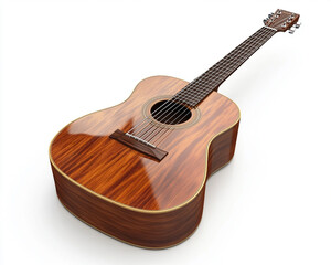 Fototapeta premium Classic wooden acoustic guitar resting against neutral backdrop, traditional musical craftsmanship highlighted in warm natural tones