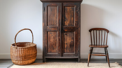 Rustic wooden cabinet and chair with woven basket and rug