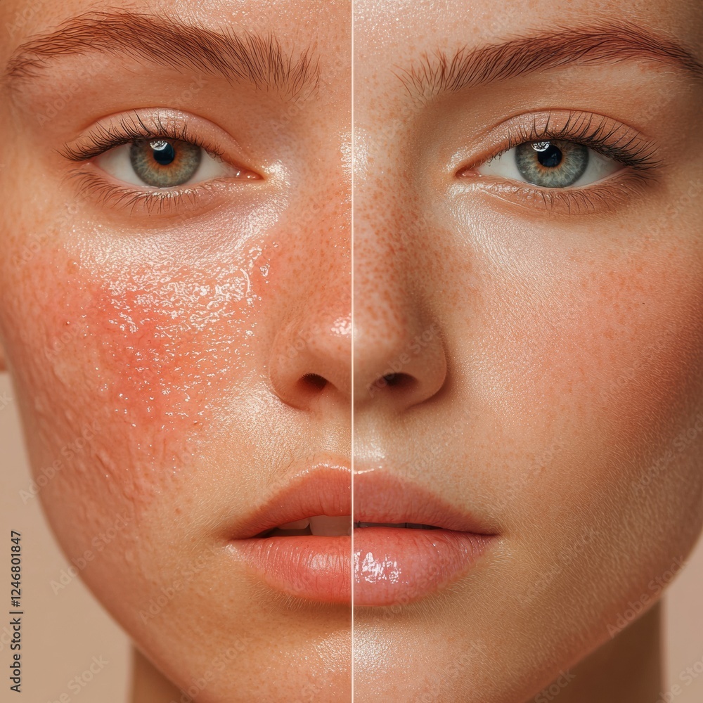 Aufkleber split face comparison highlighting acne and redness versus smooth glowing skin with space for text. 