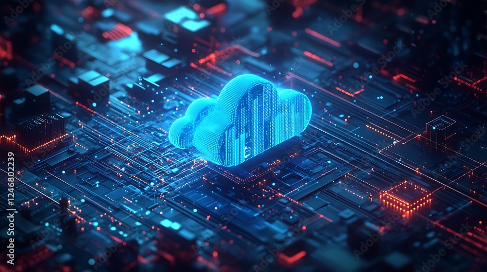 Poster a blue glowing cloud icon with data flowing connection background