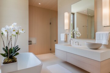 Modern bathroom interior with a floating vanity, minimalist sink, large mirror, and light wood paneling, complemented by a freestanding bathtub and indoor plant