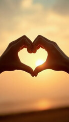 Fototapeta premium Hands forming a heart shape with a bright sun at sunset in the background