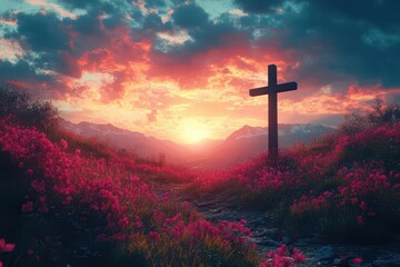 silhouette of a cross set against a breathtaking vibrant sunrise over majestic mountains symbolizing hope and faith in a stunning natural landscape