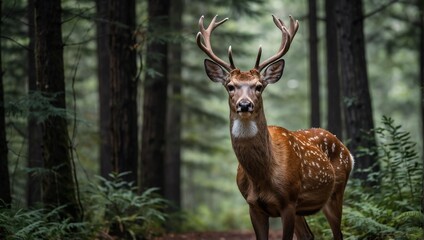 Obraz premium spotted deer standing on a forest path in close-up