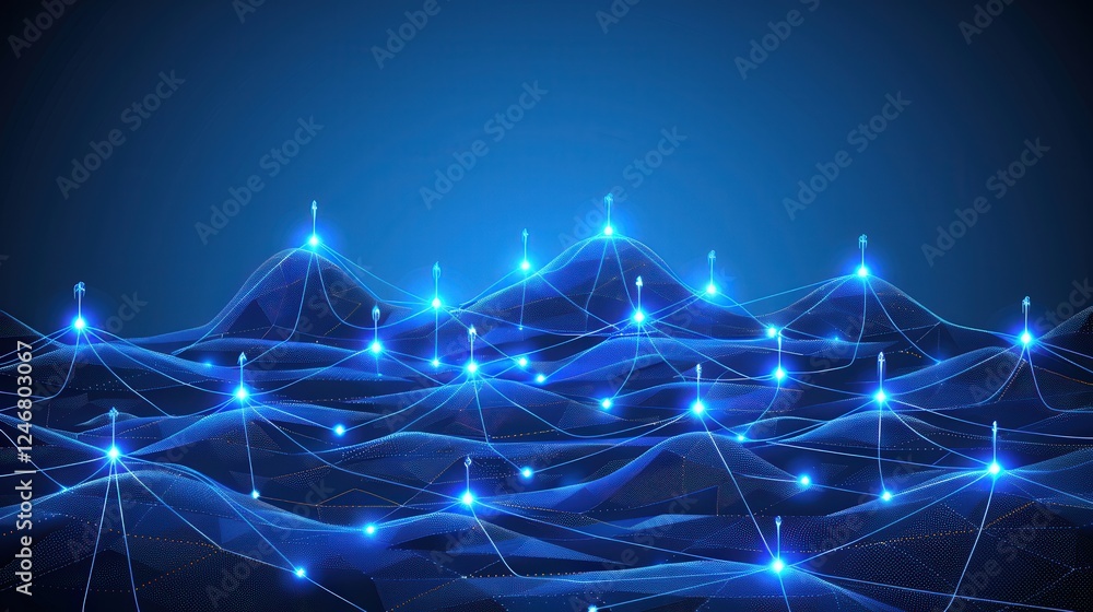 Poster a digital landscape featuring illuminated peaks and interconnected lines, representing data flow and