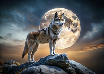 Lone Wolf Howling at Full Moon: Majestic Wilderness Night Scene