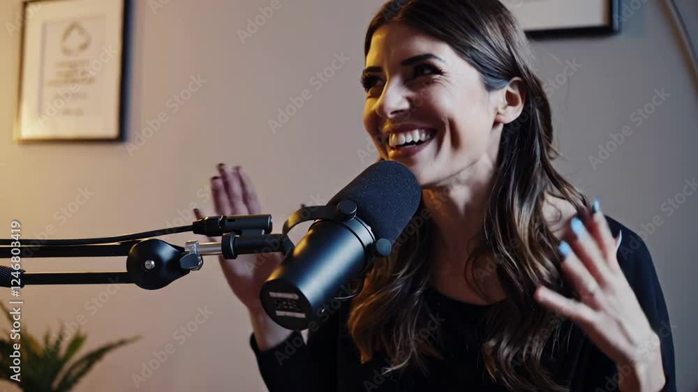 Poster professional content creator confidently speaking into condenser microphone while smiling, recording