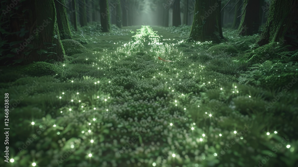 Poster a serene forest path illuminated by soft, glowing lights, creating an enchanting atmosphere surround
