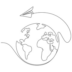 airplane flying around the world line art sryle vector illustration