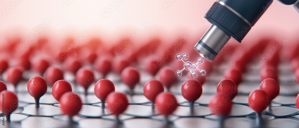 Poster a close-up view of a nozzle spraying droplets over a grid of red spherical objects, symbolizing prec