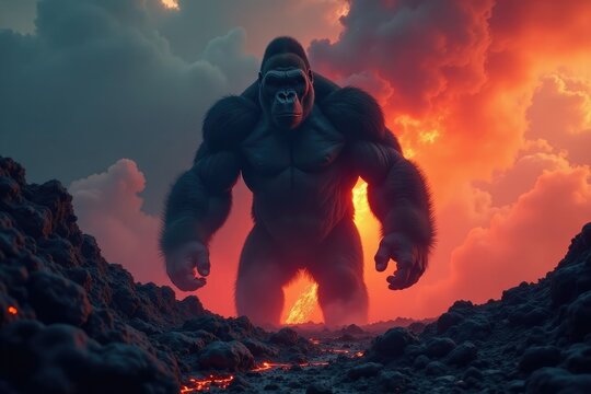 Volcanic ash clouds gather behind the monstrous gorilla, lava flows, ash fall