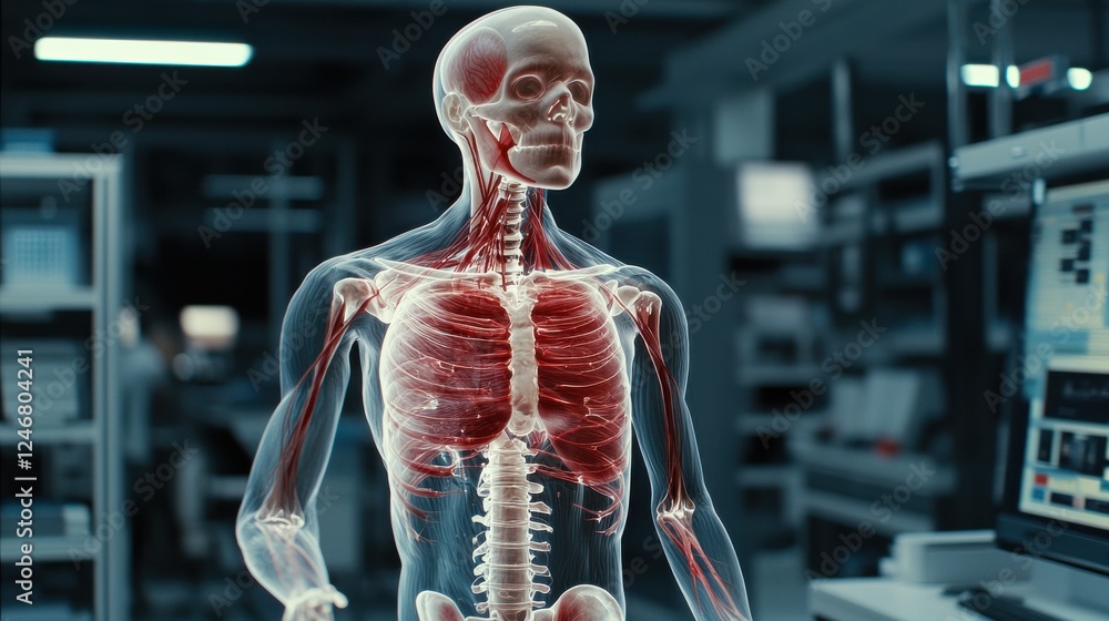 Poster a realistic depiction of a human anatomical model showcasing internal organs and structures in a lab