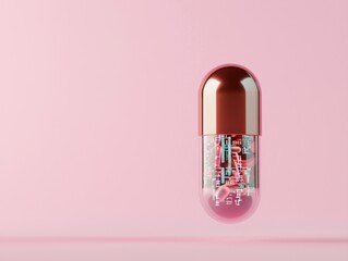 A floating capsule with a shiny gold cap against a soft pink background, showcasing a modern and minimalist design.