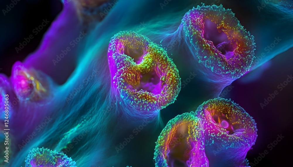Poster microscopic view of vibrant cells with intricate structure and glowing texture. ideal for scientific